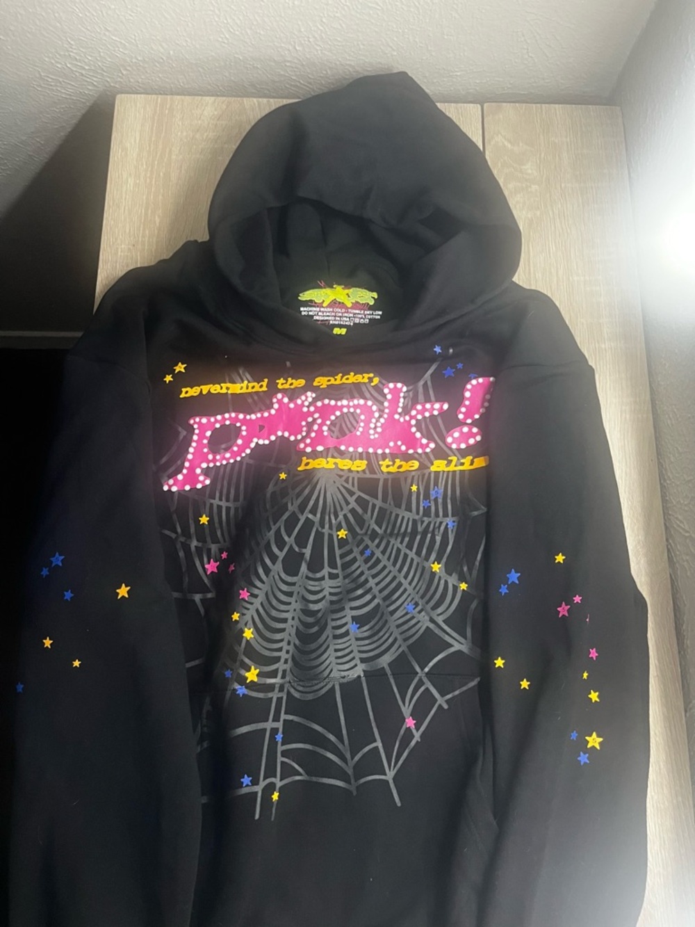 Kids Black Graphic Puffer Hoodie with Spiderweb and Star Accents